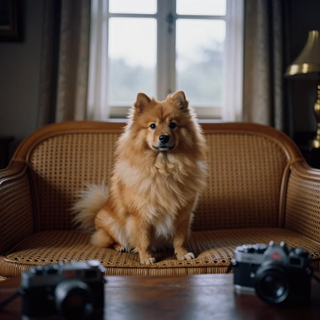 Finnish Spitz Portrait on Sofa in Palembang Morning in on a sofa near a curtained window with calm indoor light in Palembang