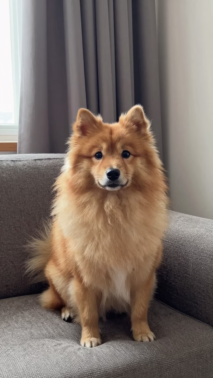 Finnish Spitz Portrait on Sofa Near Curtained Window in on a sofa near a curtained window with calm indoor light in Essen