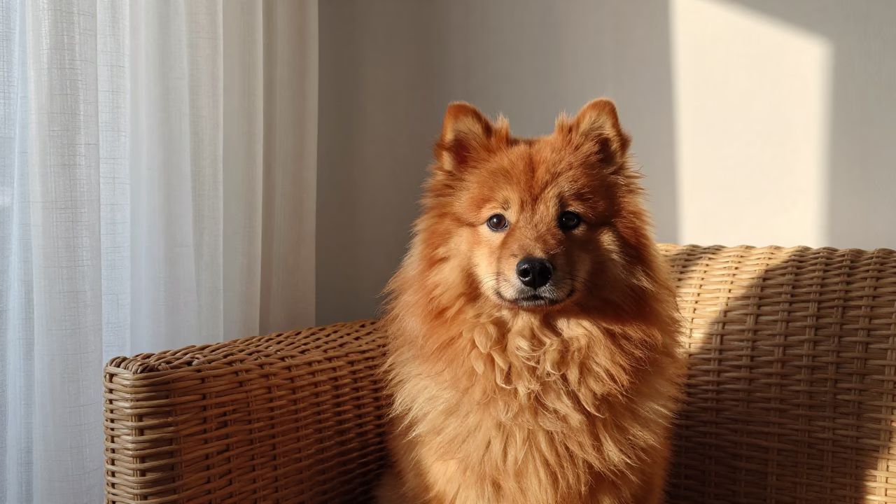 Finnish Spitz Portrait on Sofa Near Window in on a sofa near a curtained window with calm indoor light in Siem Reap
