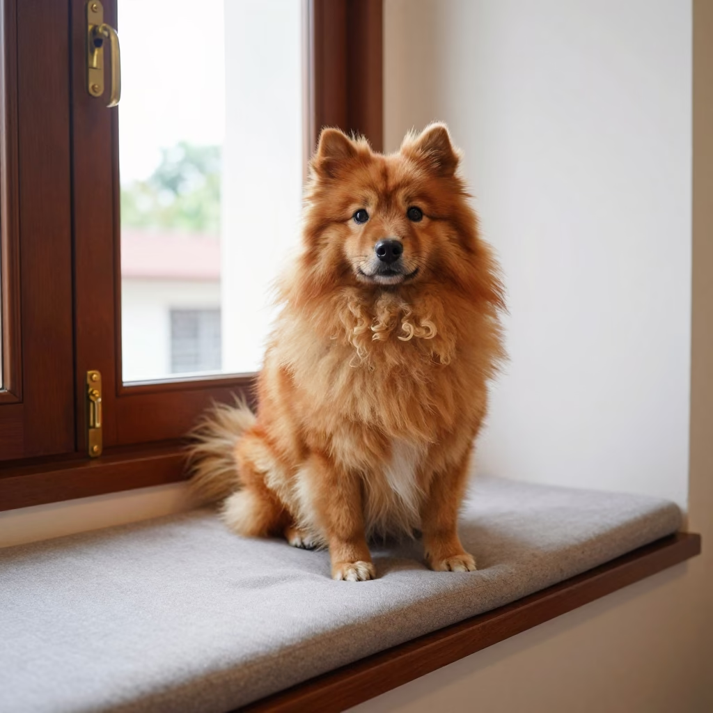 Finnish Spitz Portrait on Window Seat in Kota Kinabalu in on a cushioned window seat with soft side light and an uncluttered background in Kota Kinabalu