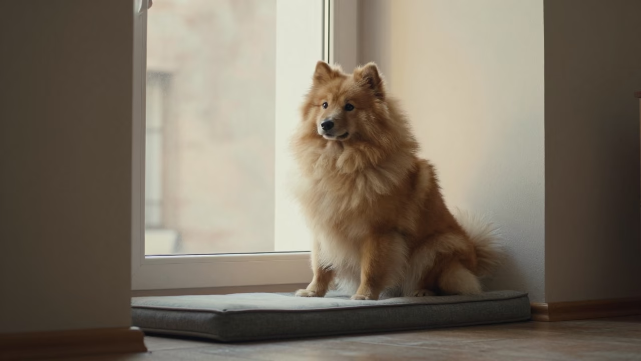 Finnish Spitz Portrait on Window Seat with Soft Light in on a cushioned window seat with soft side light and an uncluttered background near Haikou
