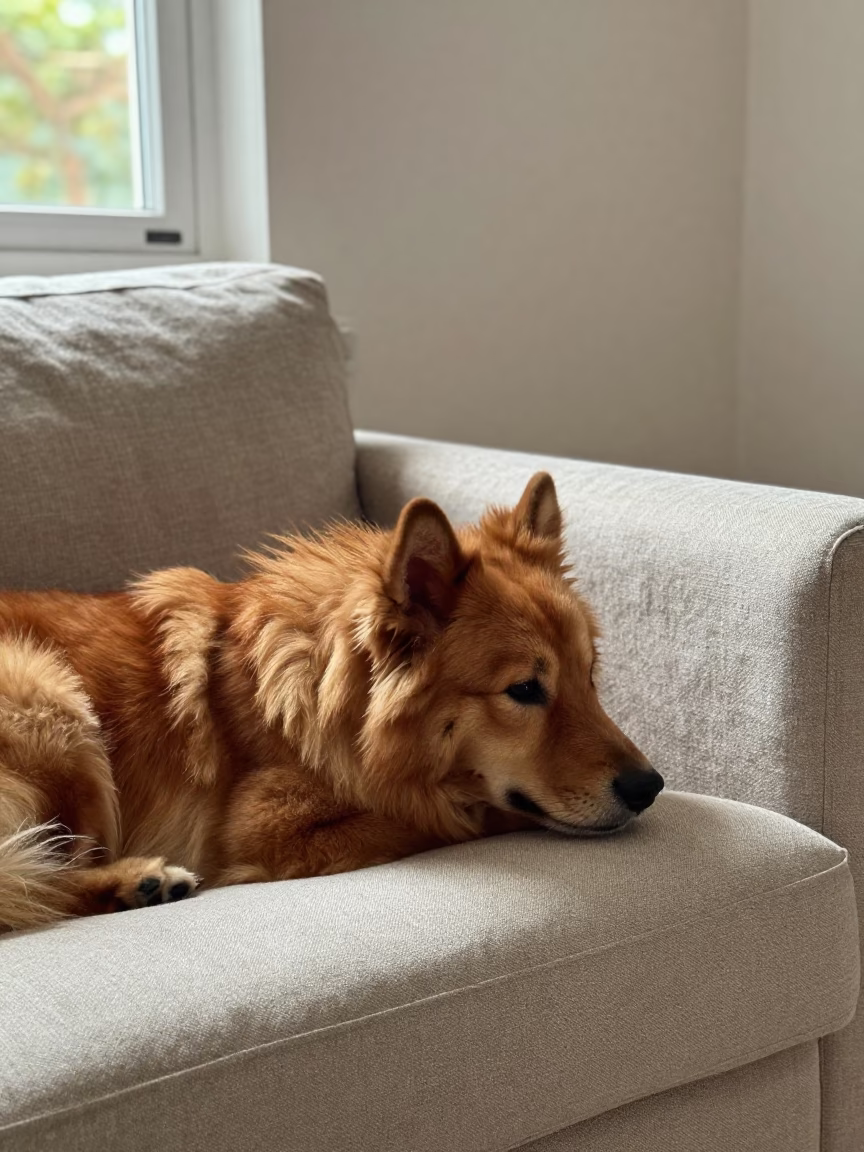 Finnish Spitz Resting on Linen Sofa in La Asunción in on a linen sofa with daylight from a nearby window in La Asunción