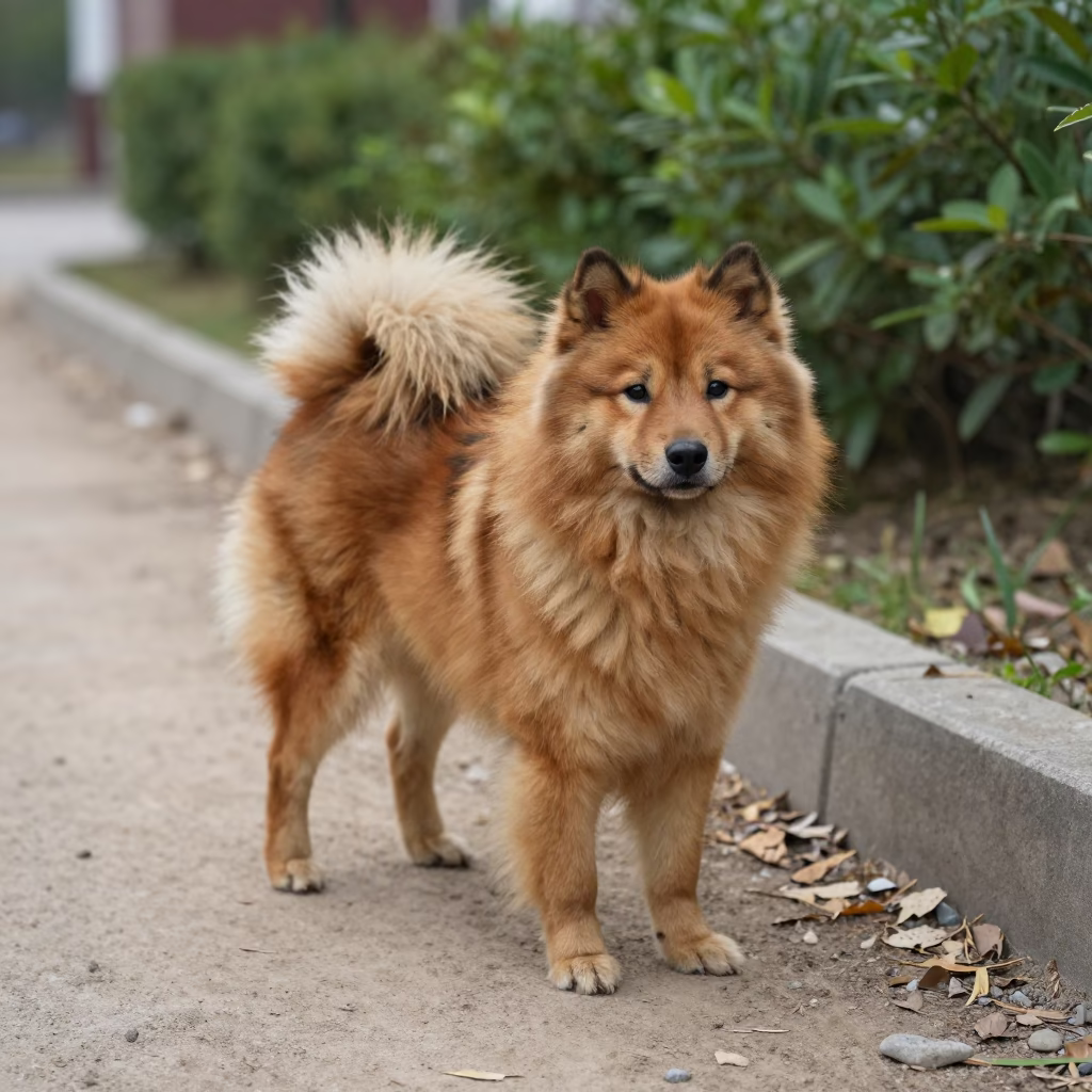 Finnish Spitz Stands on Quiet Park Path in Soft Shade in along a quiet park path with soft open shade and a clean background in Kut