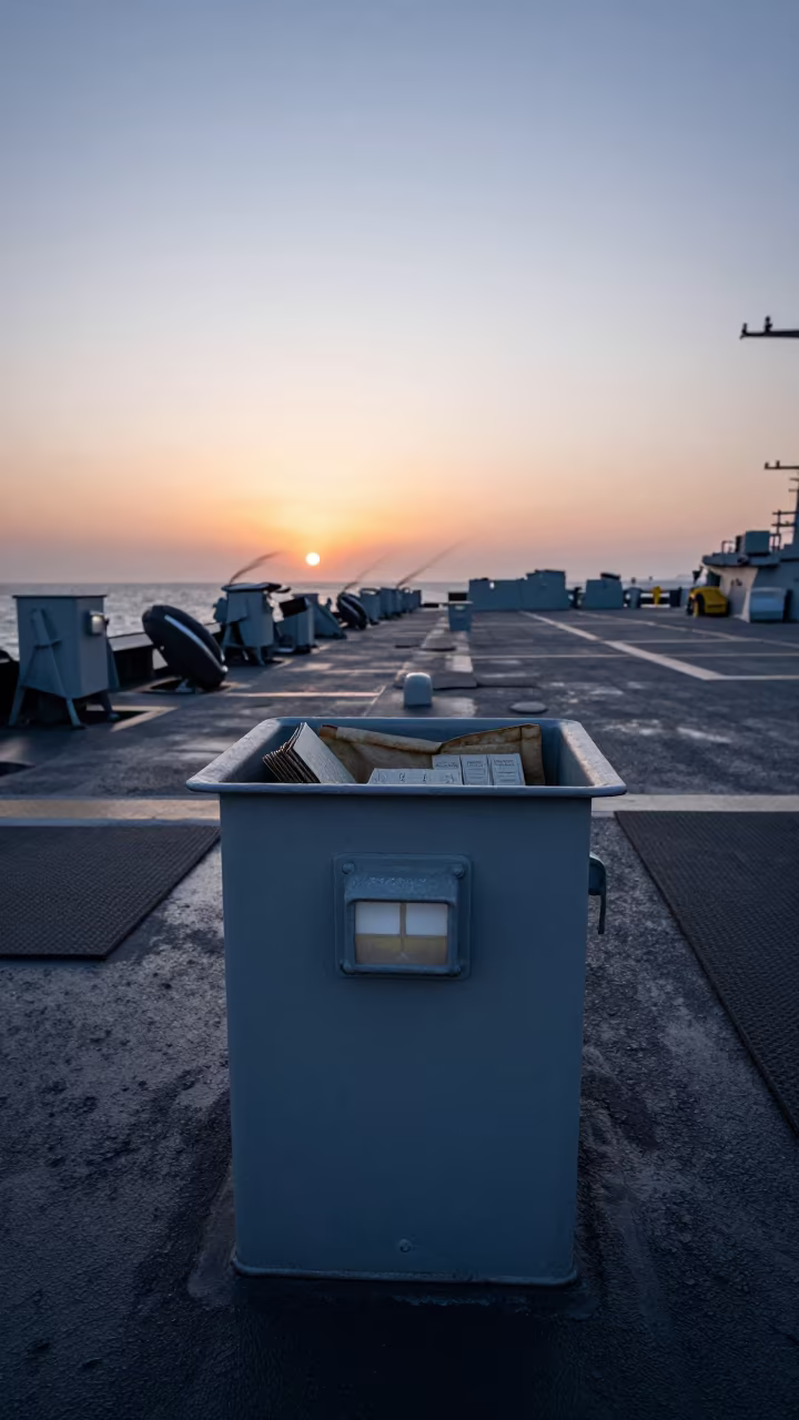 Fire Adapter Bin on Naval Deck at Sunset in on a naval deck in rough wind near Xian