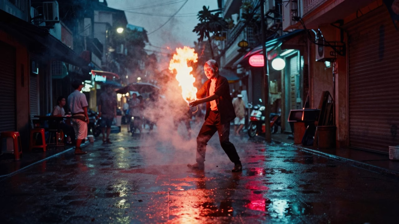 Fire Breather Night Hanoi Train Street in near Train Street, Hanoi