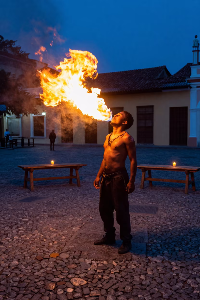 Fire Breather in Santo Domingo Plaza in on a wooden workbench in Santo Domingo