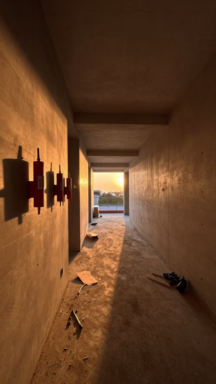 Fire Caulk Nozzle Holster in Amber Lobby Light in inside a half-built lobby near Pai