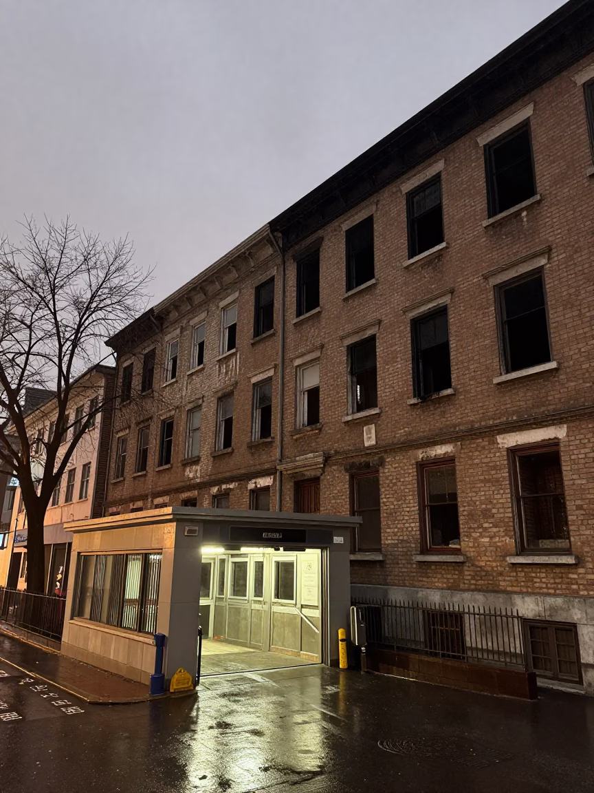 Fire Damaged Brownstone Metro Entrance Daegu Night in outside a metro entrance in Daegu