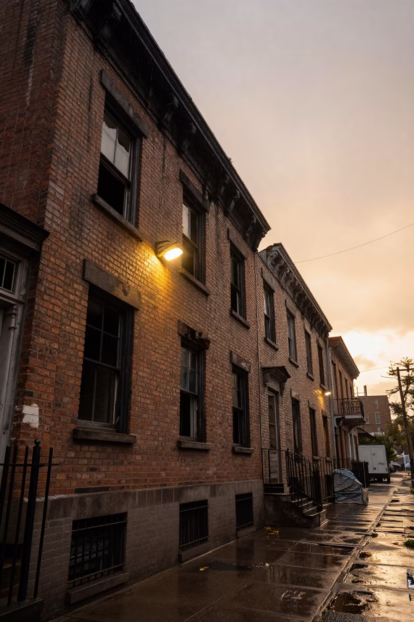 Fire Damaged Brownstone Under Raipur Underpass Light in beneath a flickering underpass light in Raipur