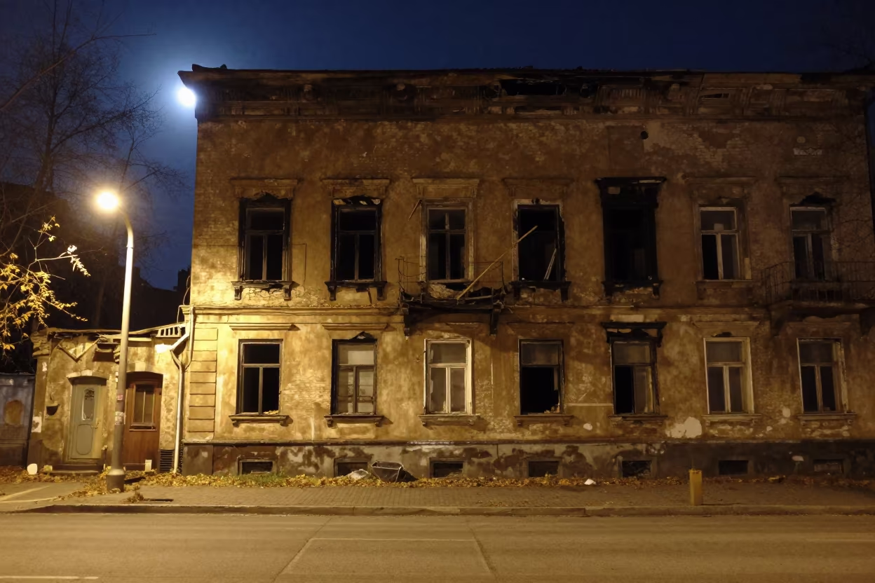 Fire Damaged Brownstone Under Flickering Light in beneath a flickering underpass light in Chelyabinsk
