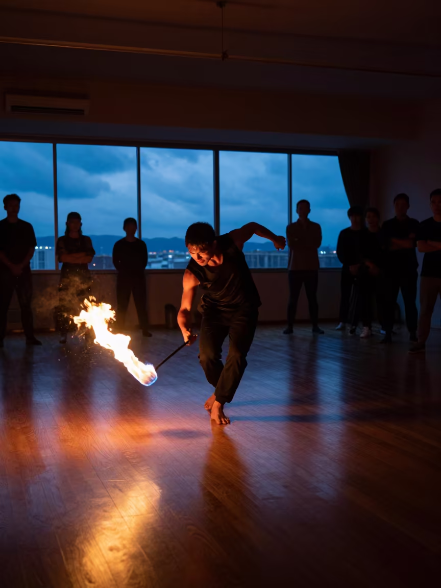 Fire Dancer Embers in Osaka Rehearsal in in a rehearsal room in Osaka