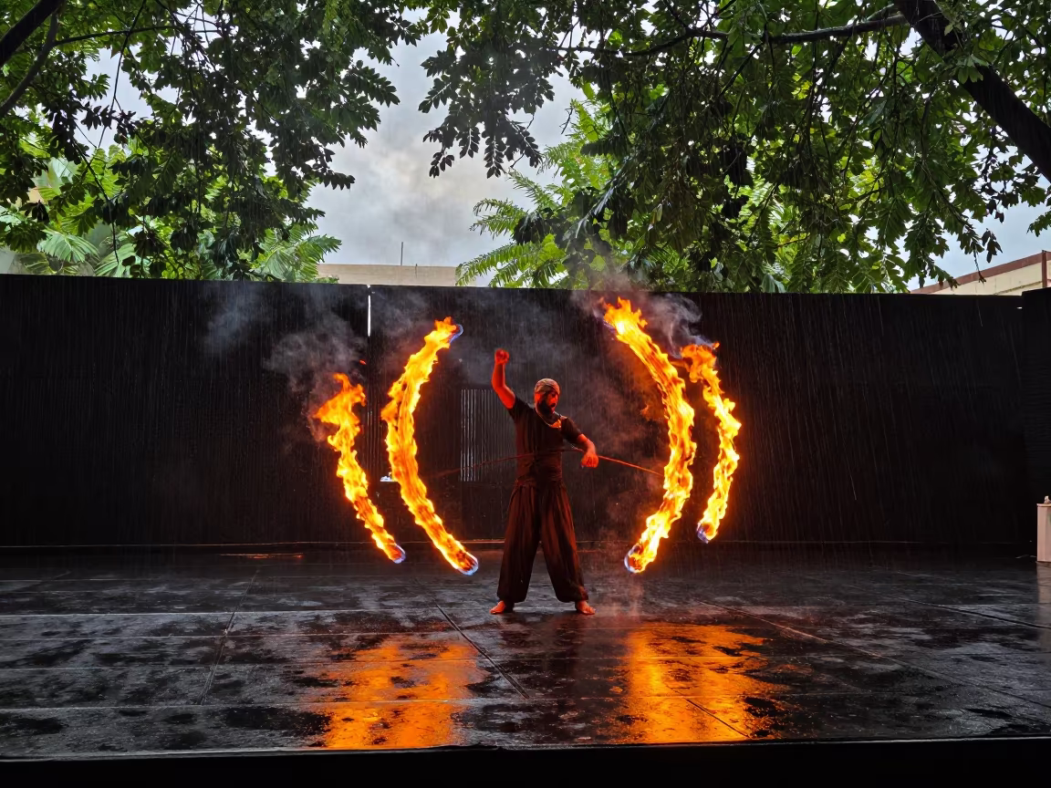 Fire Dancer Orange Arcs Stage Mecca Rain in on a theater stage in Mecca