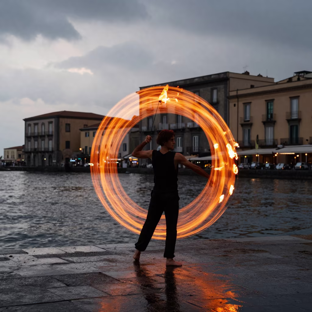 Fire Dancer Poi Trails on Naples Beach in beside a canal in Chiaia, Naples