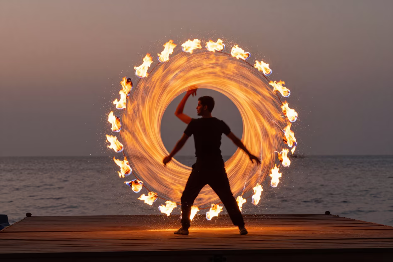 Fire Dancer Silhouette on Hisar Pier at Dusk in near Hisar