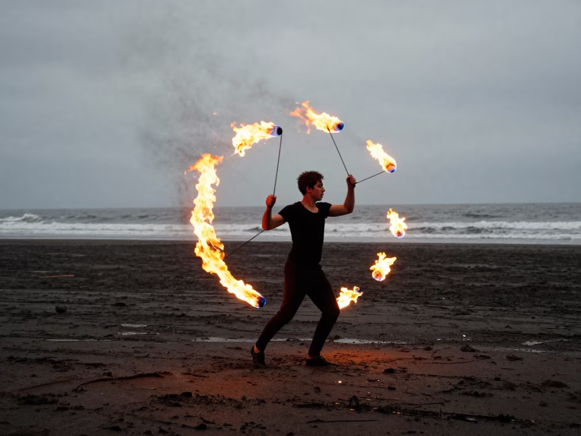 Fire Dancer Spinning Poi on Sydney Beach Morning in in Sydney