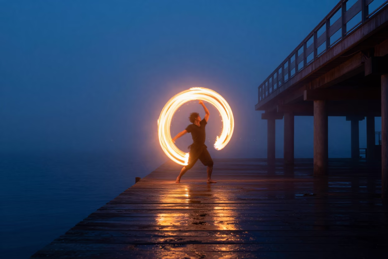 Fire Dancer Spinning Trail Yokohama Pier Mist in in Yokohama