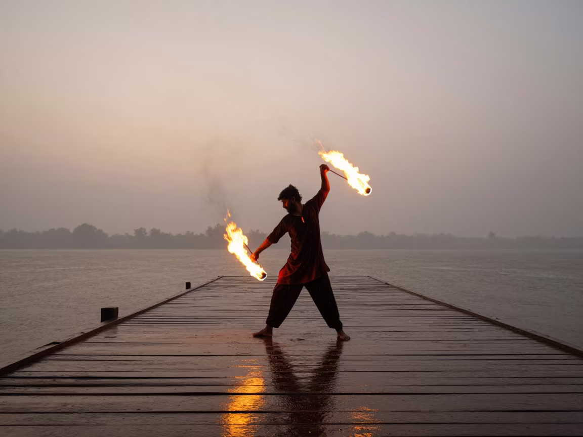 Fire Dancer Trail on Sialkot Pier at Golden Hour in in Sialkot