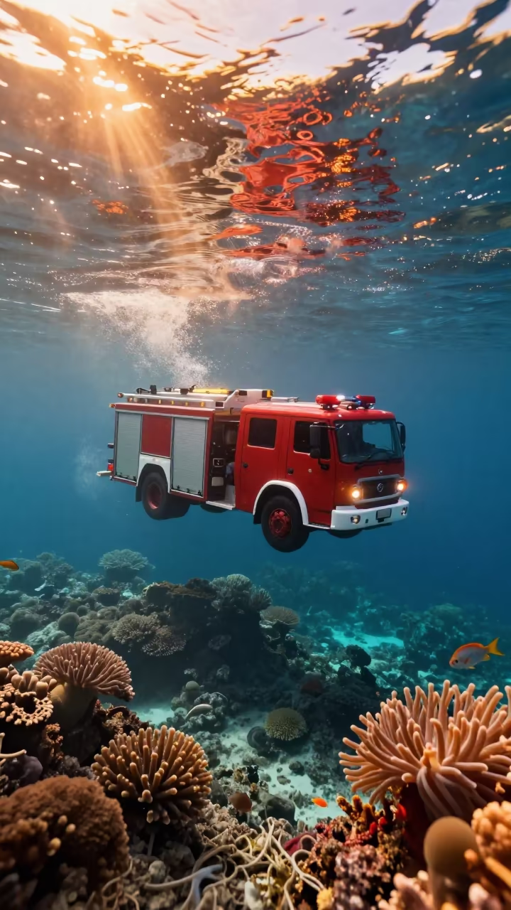 Fire Engine Floating Over Coral Reef at Sunset in in the Great Barrier Reef