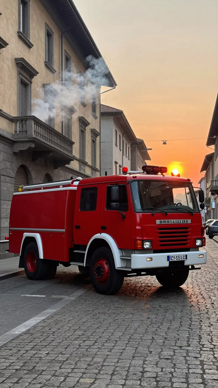Fire Engine in Milan at As The Sun Drops Toward The Horizon in in Milan, Italy