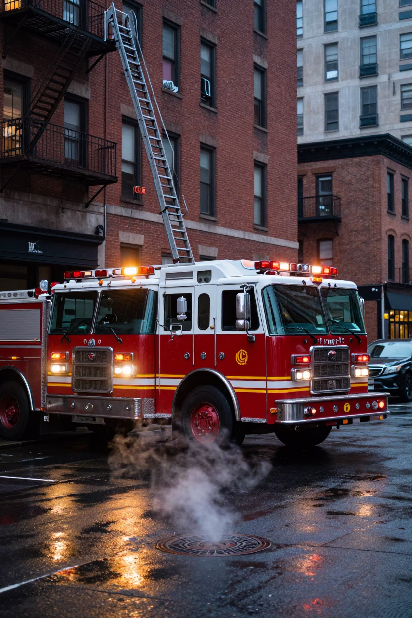 Fire Engine Ladder Extended at Brick Building in New York City Before Dawn in in New York, New York, United States