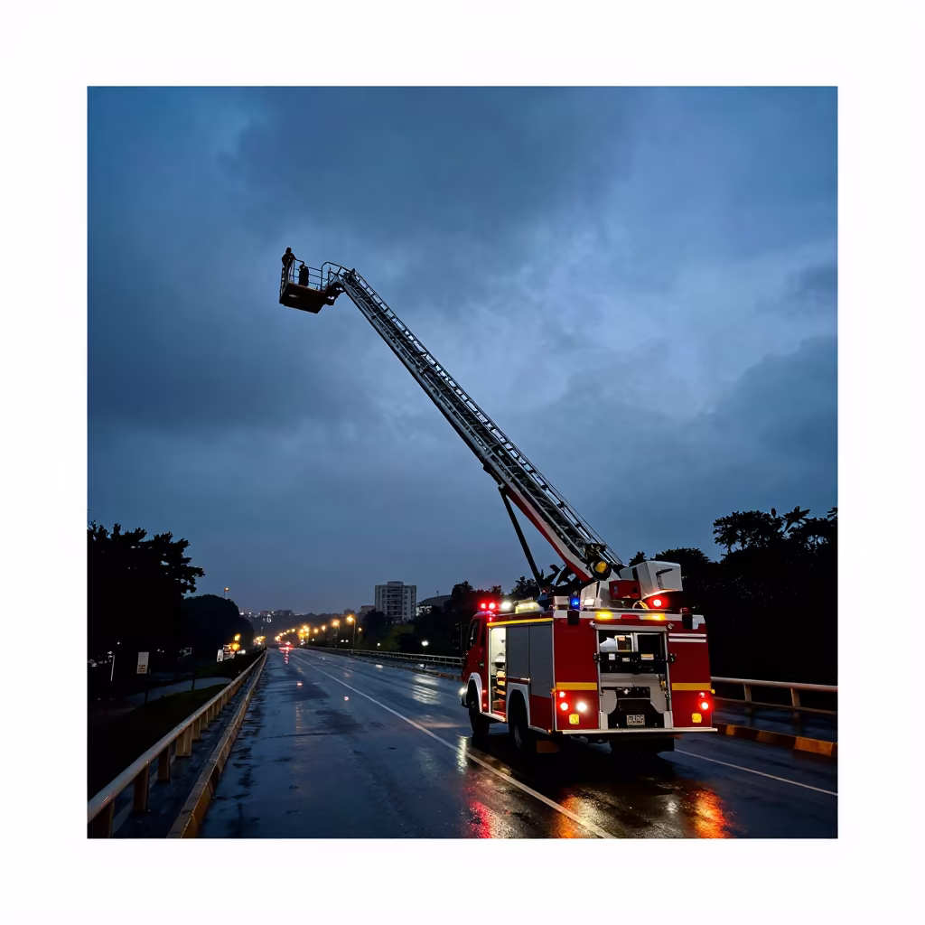 Fire Engine Ladder on Kinshasa Causeway in on a wind-open causeway near Kinshasa