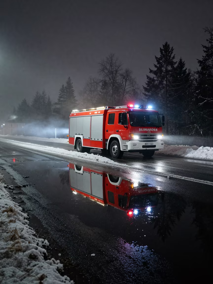Fire Engine Reflected in Winter Puddle Finland in on a wind-open causeway in Finland