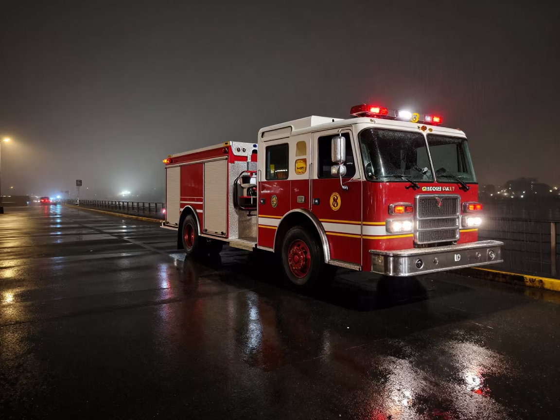 Fire Engine Reflection in Puddle at Foggy Harbor in beside a fogbound harbor mouth in Washington