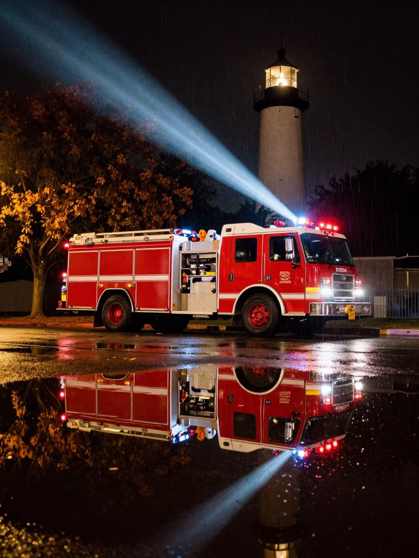 Fire Engine Reflection in Rain Puddle Night Dallas in near Dallas