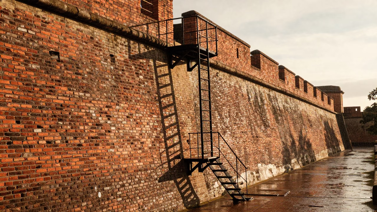 Fire Escape Ladder Shadow on Amazonian Brick Wall in outside a wind-scoured fortress wall in Amazonas