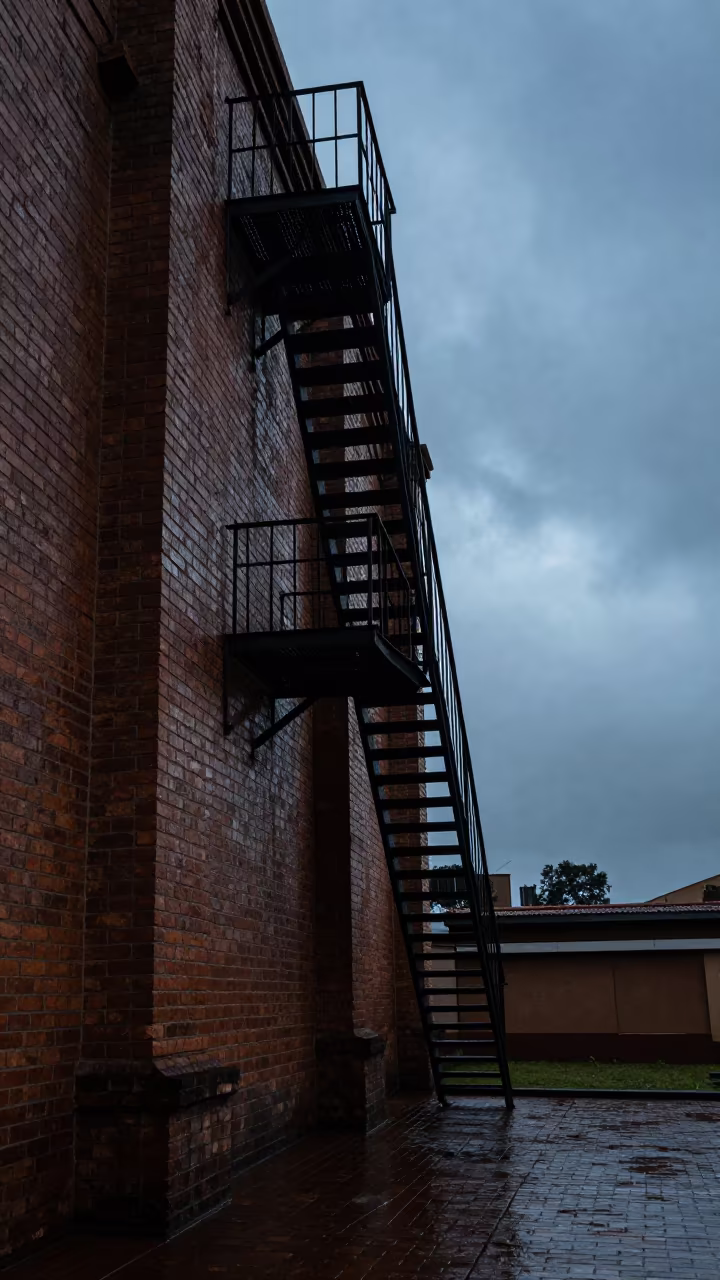 Fire Escape Ladder Shadow on Brick Facade in along a colonnaded facade near Masvingo