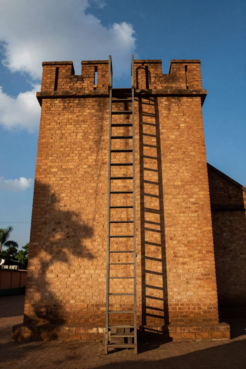 Fire Escape Ladder Shadow on Sunlit Burundi Brick in at the base of a monumental staircase in Burundi