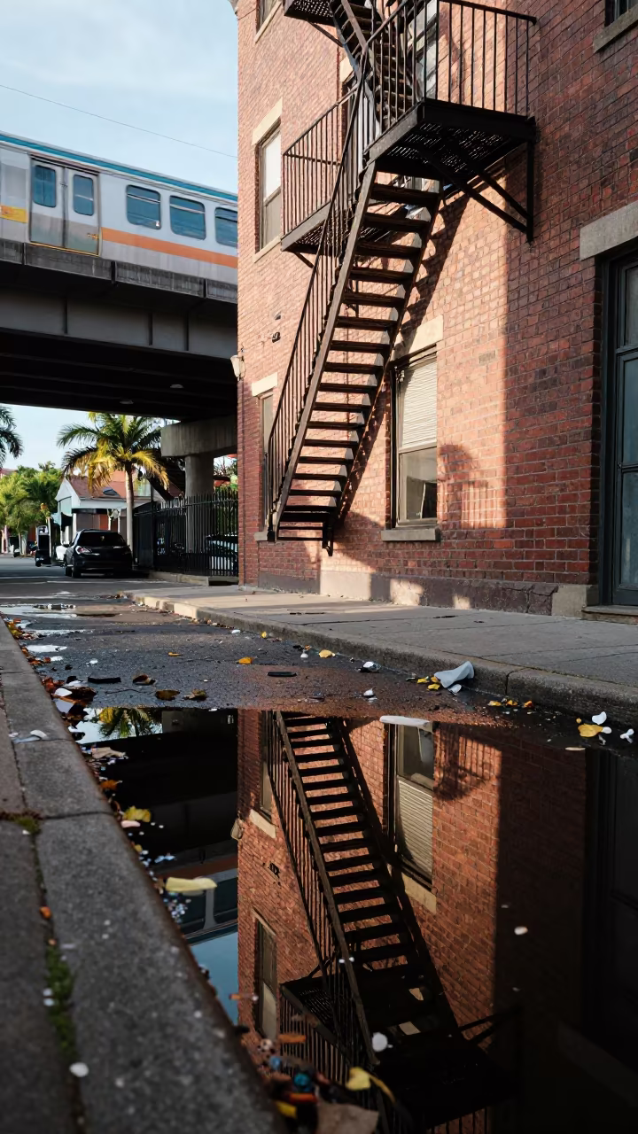 Fire Escape Puddle Reflection Exeter in under an elevated train line in Exeter