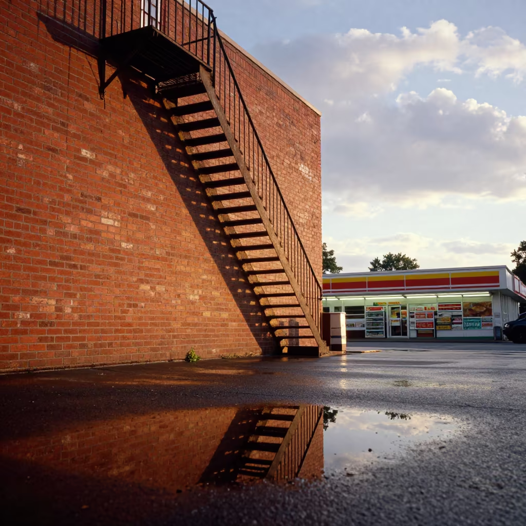 Fire Escape Reflection in Charlotte Puddle in outside a fluorescent convenience store in Charlotte