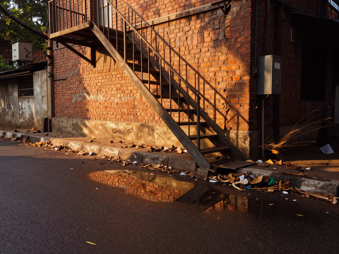 Fire Escape Reflection in Evening Puddle in outside a corner cafe in Belgaum