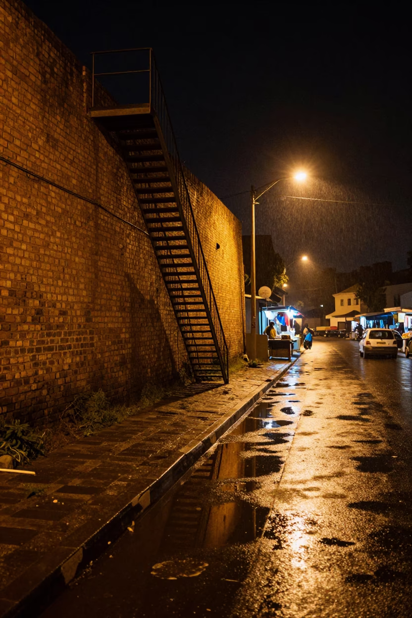 Fire Escape Reflection in Night Puddle Wolaita Sodo in along a market-lined side street in Wolaita Sodo