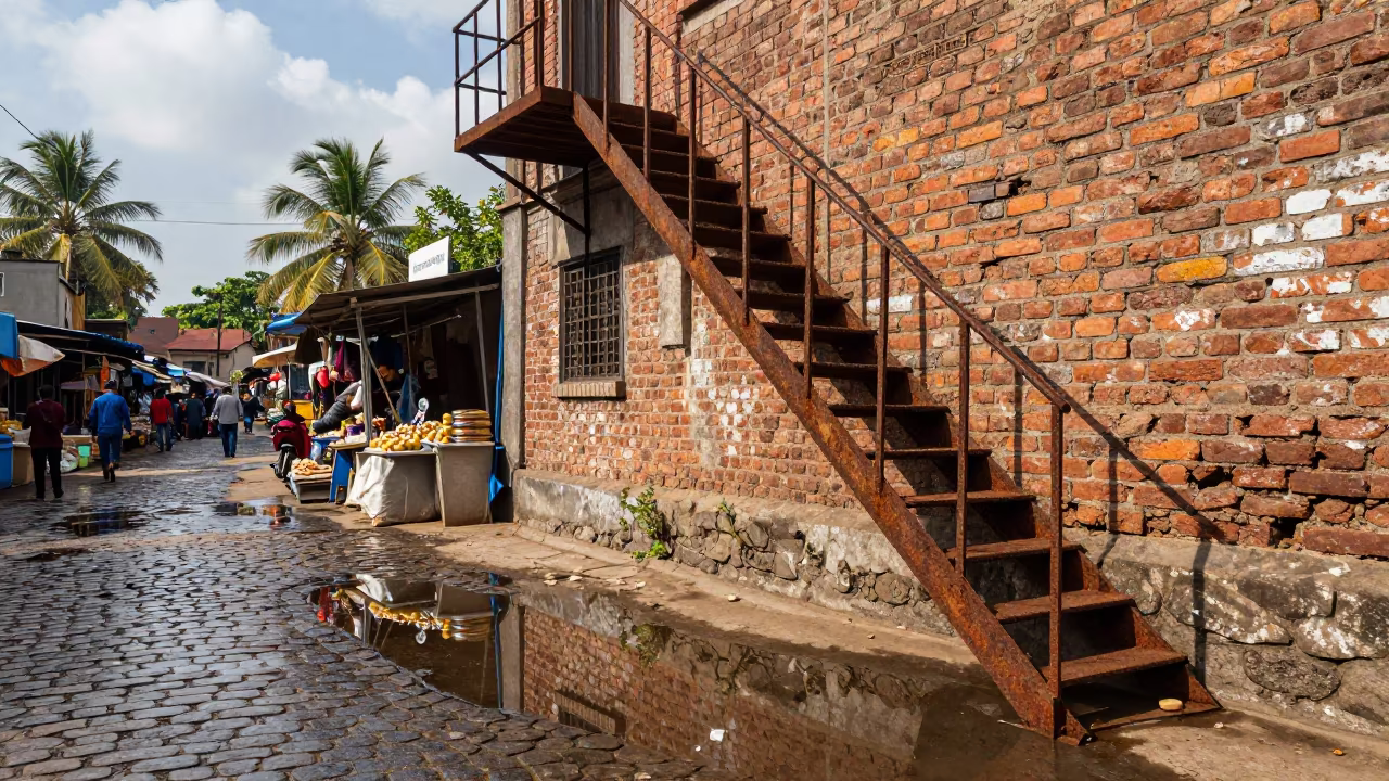 Fire Escape Reflection in Puddle in along a market-lined side street in Vidisha