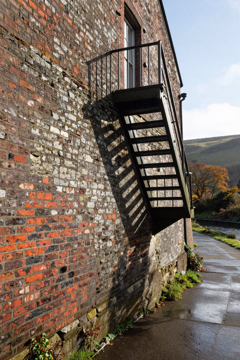 Fire Escape Shadow on Brick Wall Cornwall in beside a canal-front facade in Cornwall