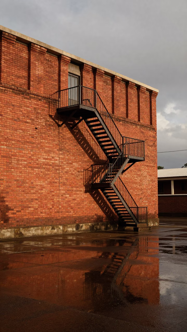 Fire Escape Shadow Brick Wall Eswatini in along a colonnaded facade in Eswatini