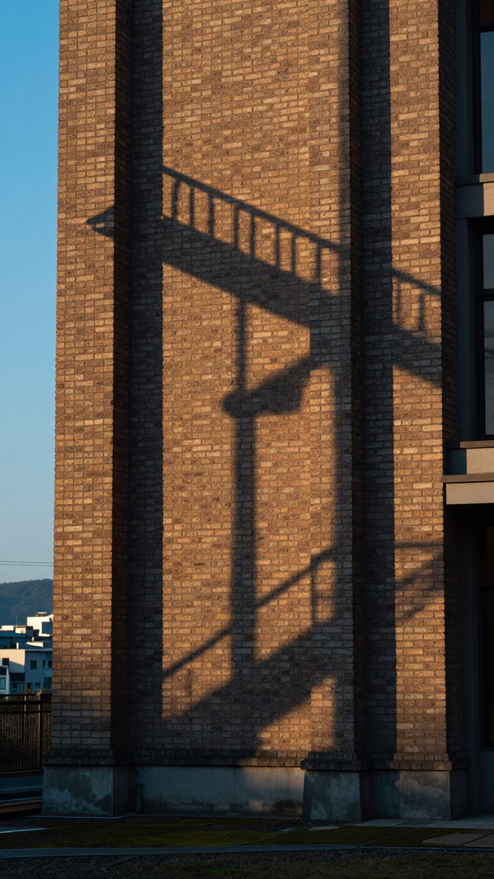 Fire Escape Shadow on Chubu Brick Wall in along a colonnaded facade in Chubu