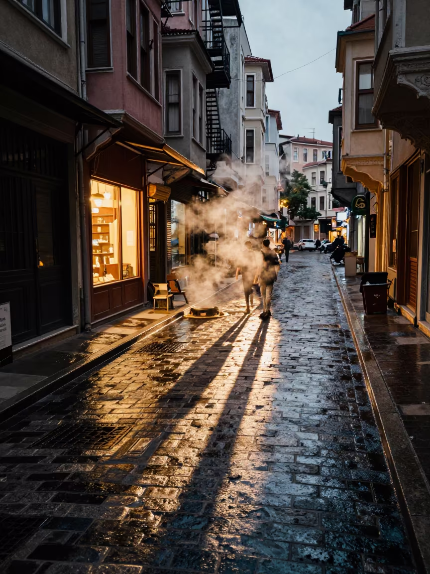 Fire Escape Shadow Over Wet Istanbul Street in along a market-lined side street in Istanbul