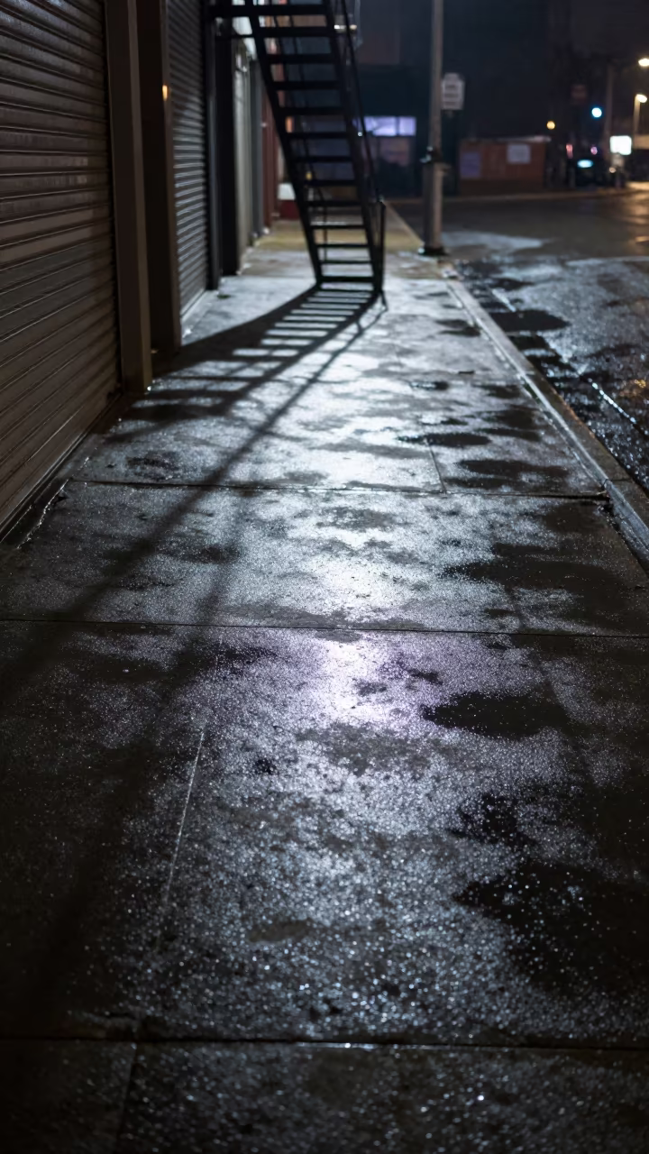 Fire Escape Shadow on Wet Pavement at Midnight in along a shuttered arcade in Van