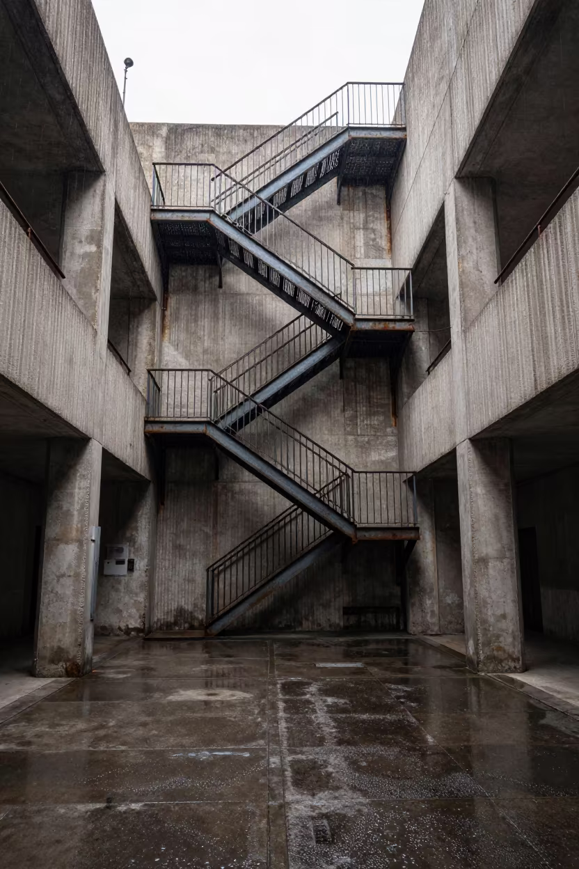 Fire Escape Zigzag Down Ribbed Lobby in inside a ribbed concrete lobby in Cagliari