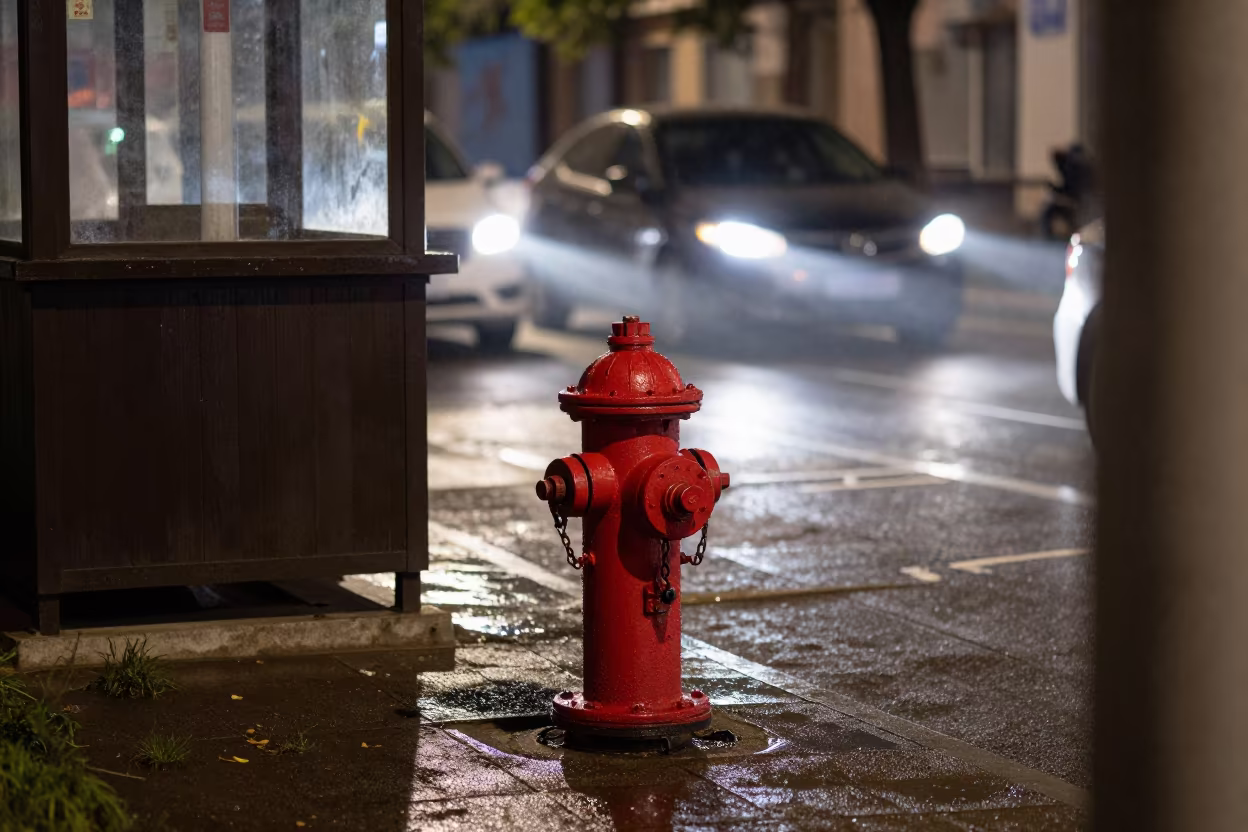 Fire Hydrant Night Flash Kanasín in by a rain-darkened kiosk in Kanasín
