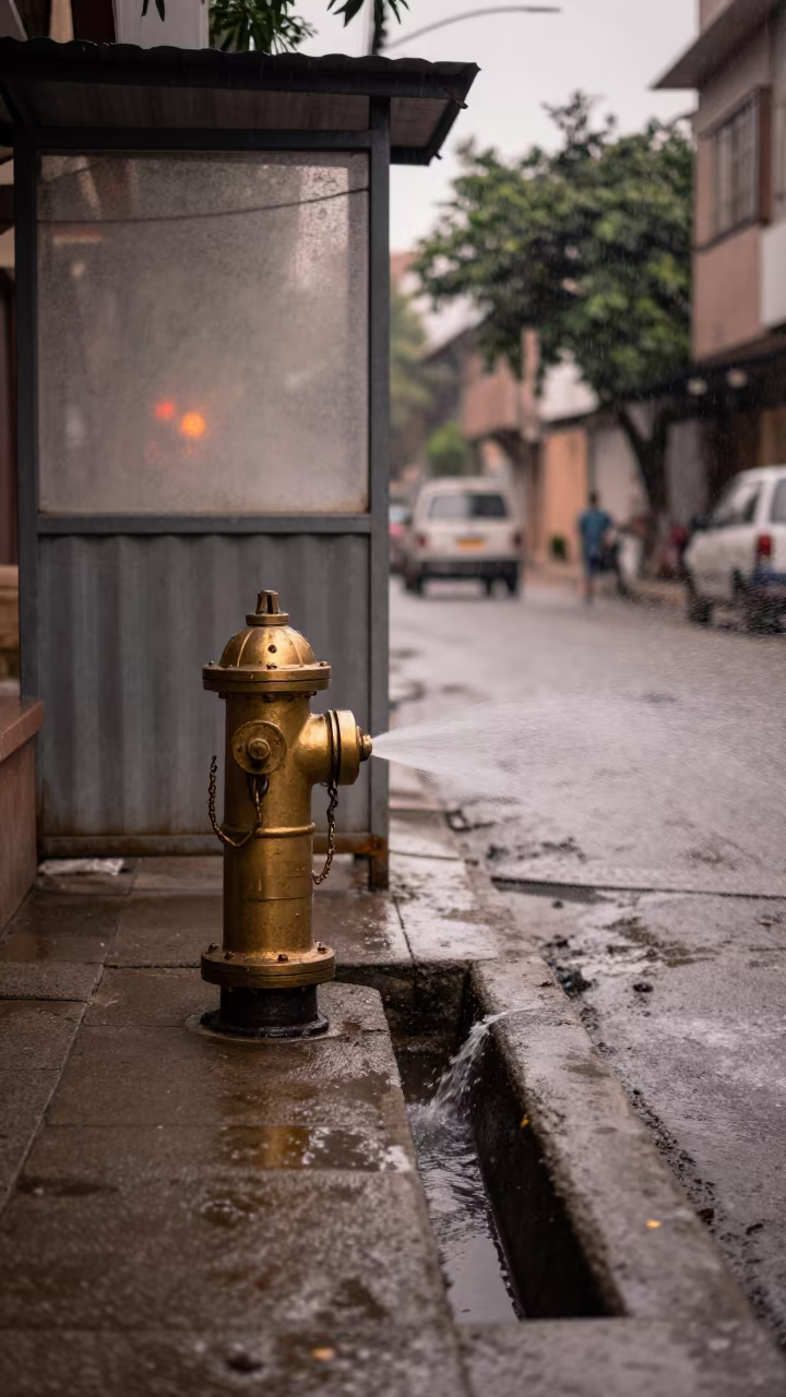 Fire Hydrant Spray in Copper Light Faisalabad Alley in beside a steamed-up bus shelter in Faisalabad