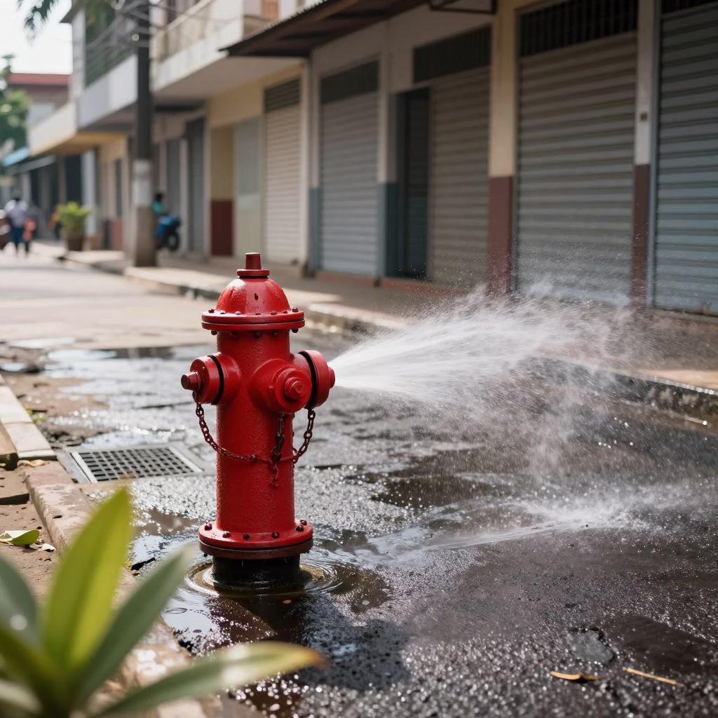 Fire Hydrant Spraying Water on Hot Asphalt in Lome in along a shuttered arcade in Lome