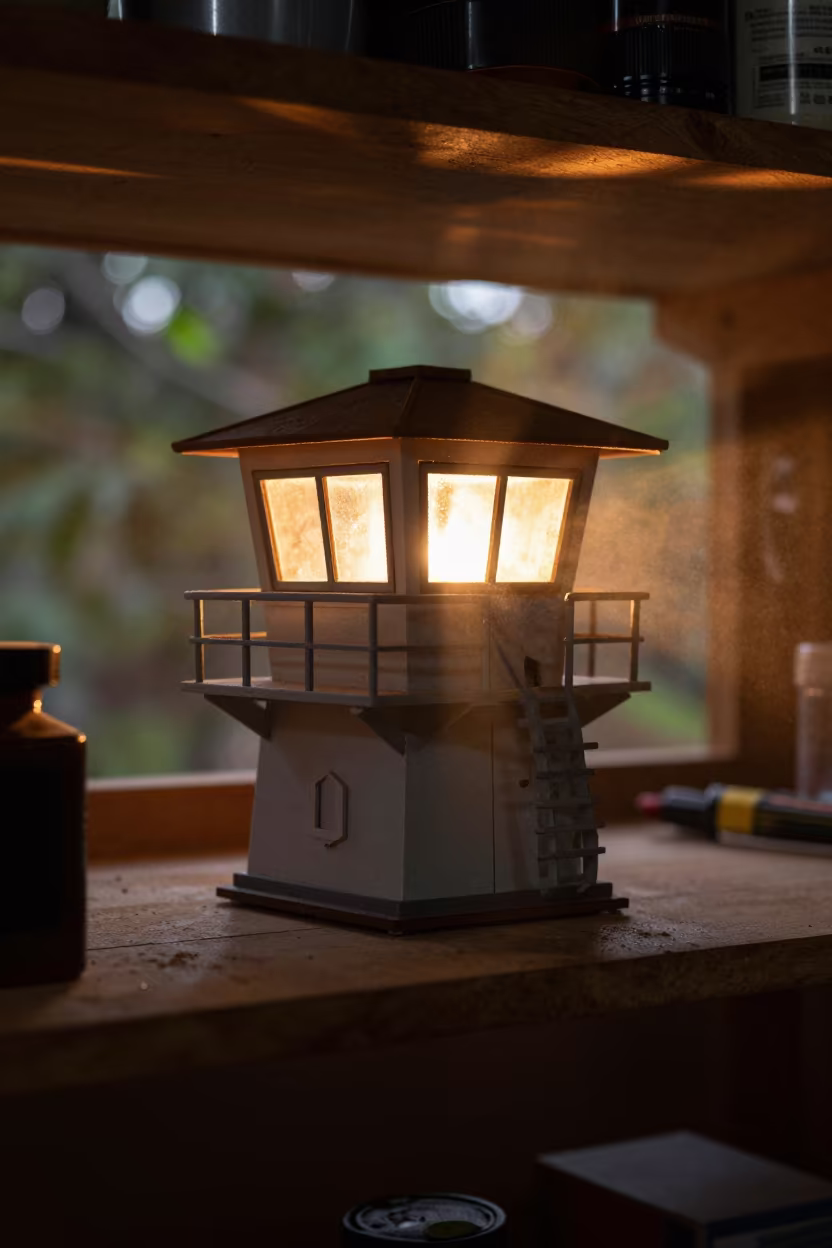 Fire Lookout Tower Model in Evening Light in on a workshop shelf near Kasulu