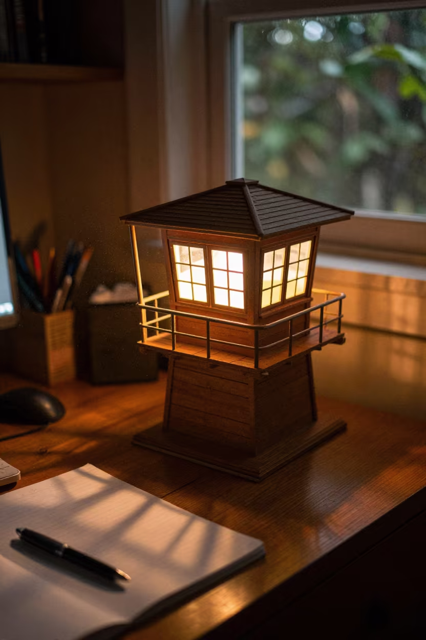 Fire Lookout Tower Model in Wet Season Light in on a writing desk near Freetown