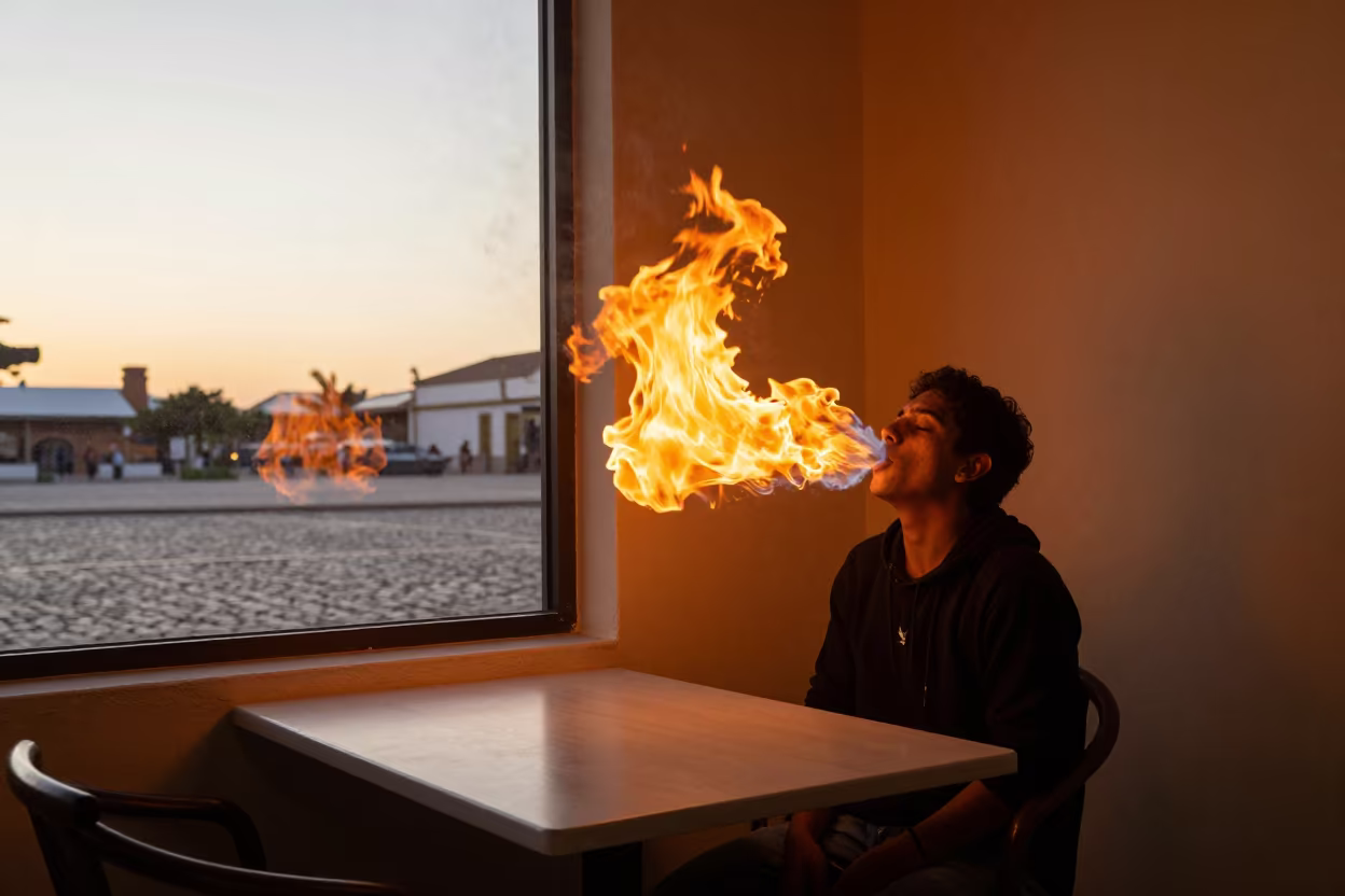 Fire Performer on Cafe Table in El Tigre in on a cafe table by a window in El Tigre