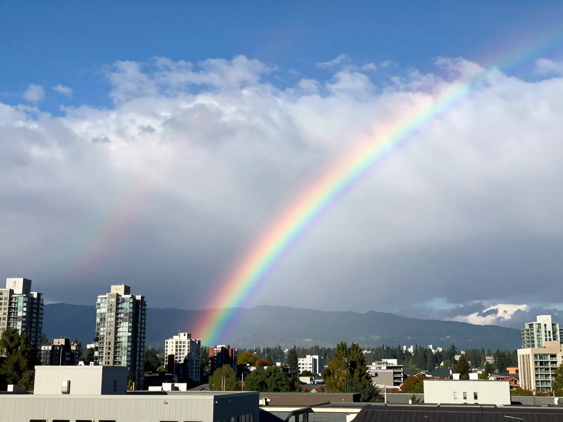 Fire Rainbow Arc Over Granville Island Thunderheads in over a horizon of stacked thunderheads near Granville Island, Vancouver