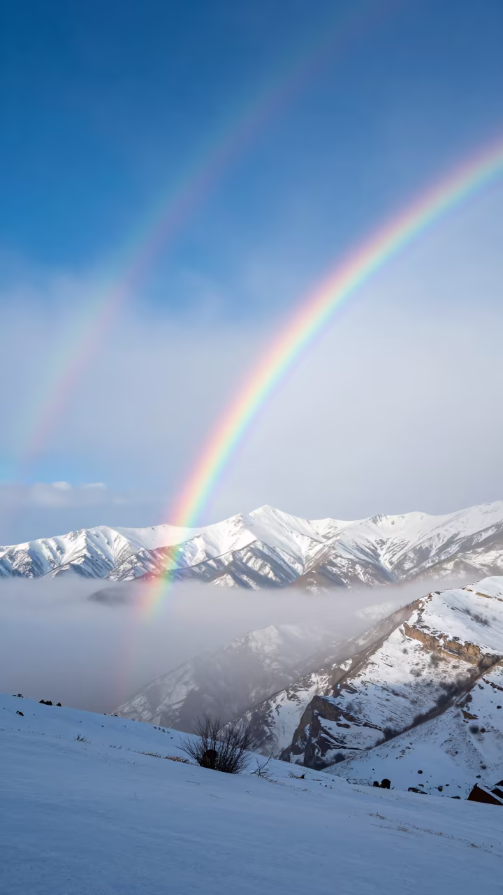 Fire Rainbow Over Bishkek Winter Mountains in beneath fast-moving cloud bands near Bishkek
